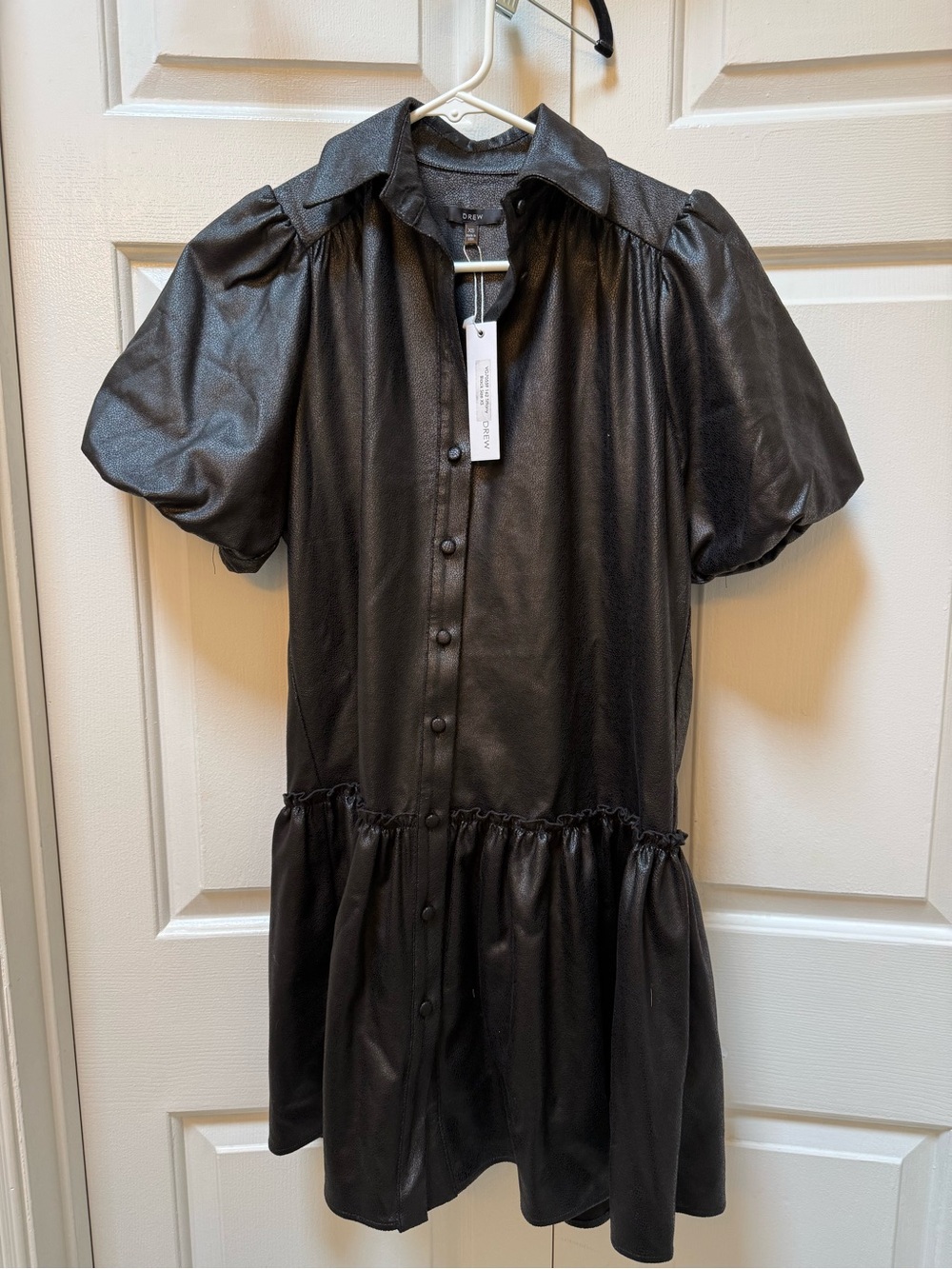 DREW Black Faux Leather Puff-Sleeve Shirt Dress